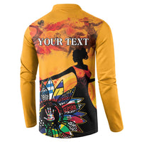 Gold button front sweatshirt, back shows YOUR TEXT and large illustrated starburst