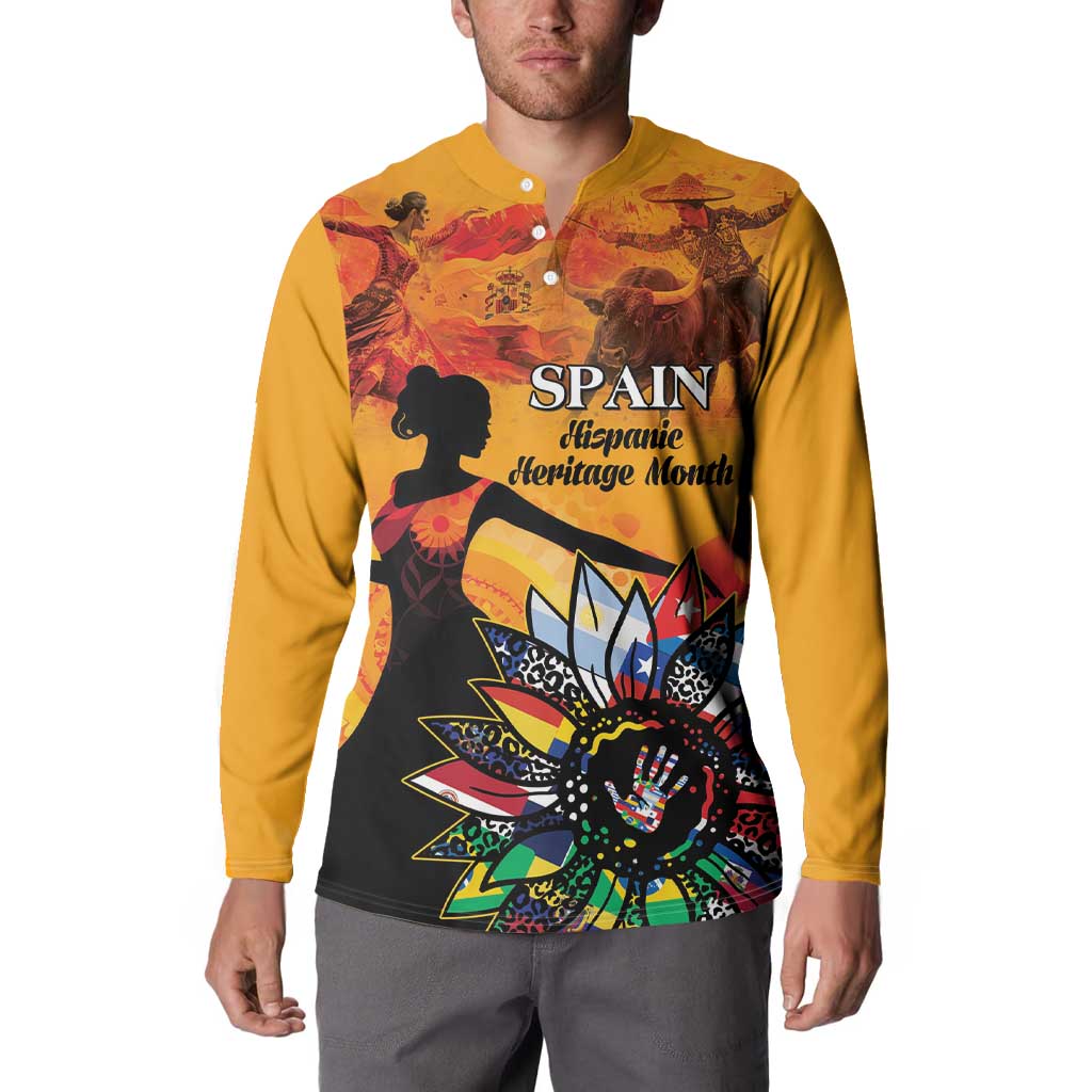 Gold button front sweatshirt with front Spain logo and colorful dancer graphic
