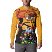 Gold button front sweatshirt with front Spain logo and colorful dancer graphic