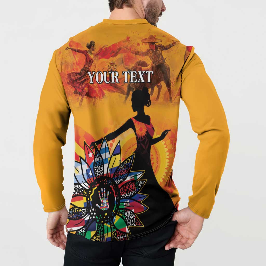 Gold button front sweatshirt, back shows YOUR TEXT with dancer and starburst art