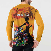 Gold button front sweatshirt, back shows YOUR TEXT with dancer and starburst art