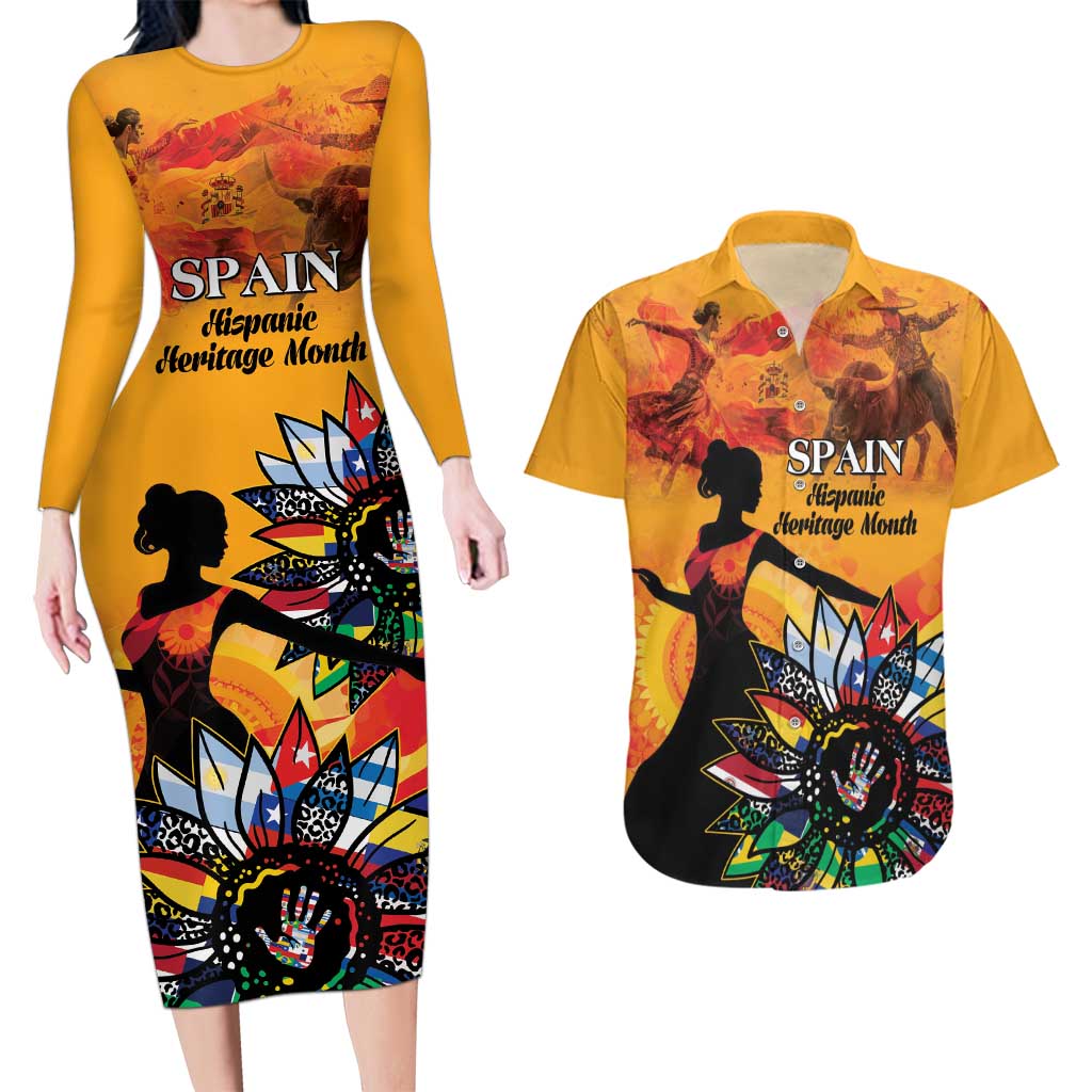 Spain Hispanic Heritage Personalized Couples Matching Long Sleeve Bodycon Dress and Hawaiian Shirt LT9 - Wonder Print Shop