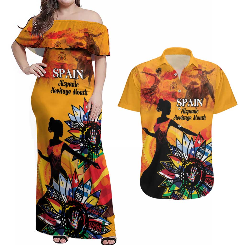 Spain Hispanic Heritage Personalized Couples Matching Off Shoulder Maxi Dress and Hawaiian Shirt LT9 - Wonder Print Shop