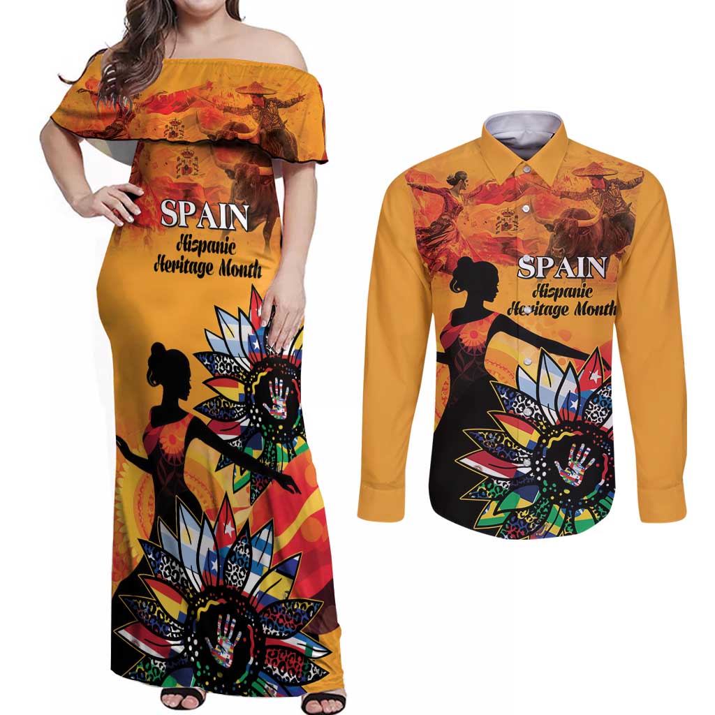 Spain Hispanic Heritage Personalized Couples Matching Off Shoulder Maxi Dress and Long Sleeve Button Shirt LT9 - Wonder Print Shop