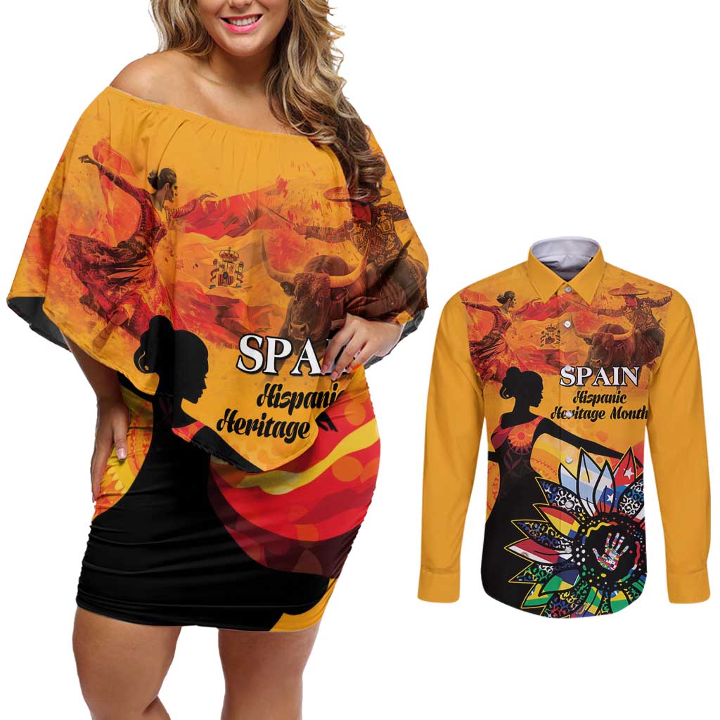 Spain Hispanic Heritage Personalized Couples Matching Off Shoulder Short Dress and Long Sleeve Button Shirt LT9 - Wonder Print Shop