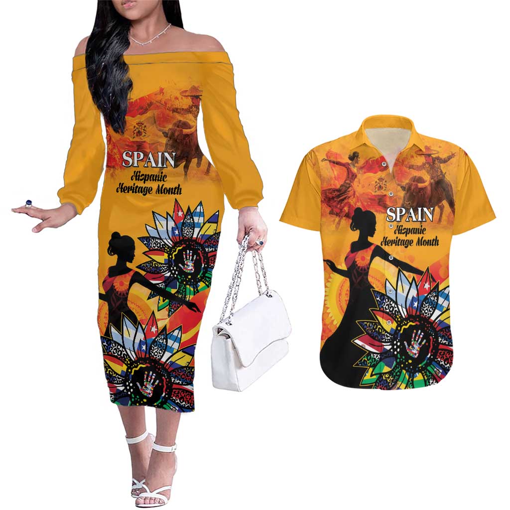 Spain Hispanic Heritage Personalized Couples Matching Off The Shoulder Long Sleeve Dress and Hawaiian Shirt LT9 - Wonder Print Shop