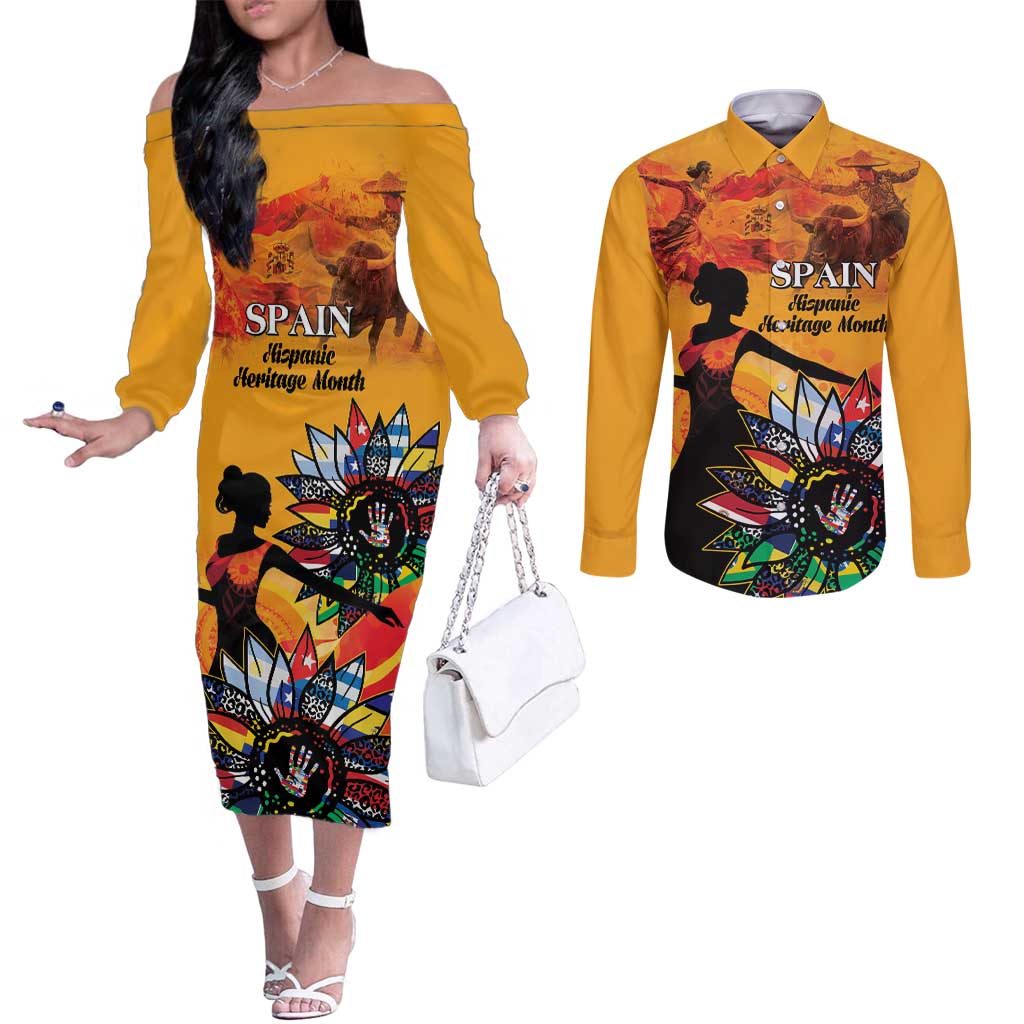 Spain Hispanic Heritage Personalized Couples Matching Off The Shoulder Long Sleeve Dress and Long Sleeve Button Shirt