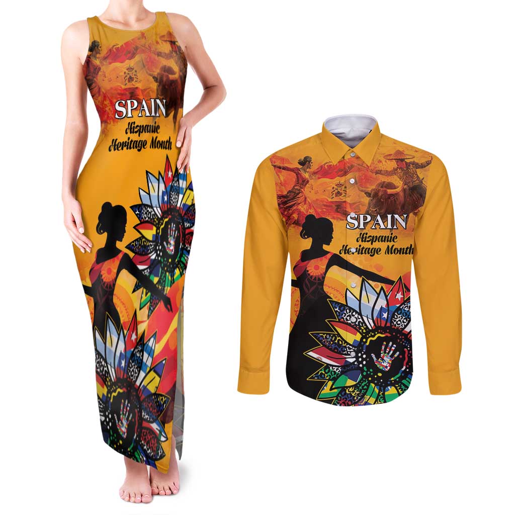 Spain Hispanic Heritage Personalized Couples Matching Tank Maxi Dress and Long Sleeve Button Shirt LT9 - Wonder Print Shop