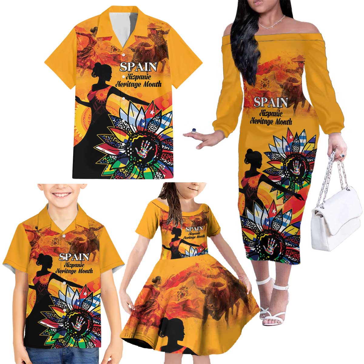 Spain Hispanic Heritage Personalized Family Matching Off The Shoulder Long Sleeve Dress and Hawaiian Shirt - Wonder Print Shop