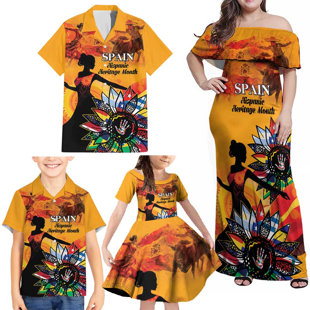 Spain Hispanic Heritage Personalized Family Matching Off Shoulder Maxi Dress and Hawaiian Shirt LT9 - Wonder Print Shop