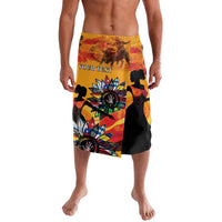 Customizable sarong-style swim shorts, yellow with black and colorful graphic print