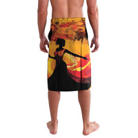 Sarong-style swim shorts with yellow background, black silhouette and multicolor artwork print