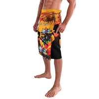 Sarong-style swim shorts with yellow panel and black side, colorful face graphic print