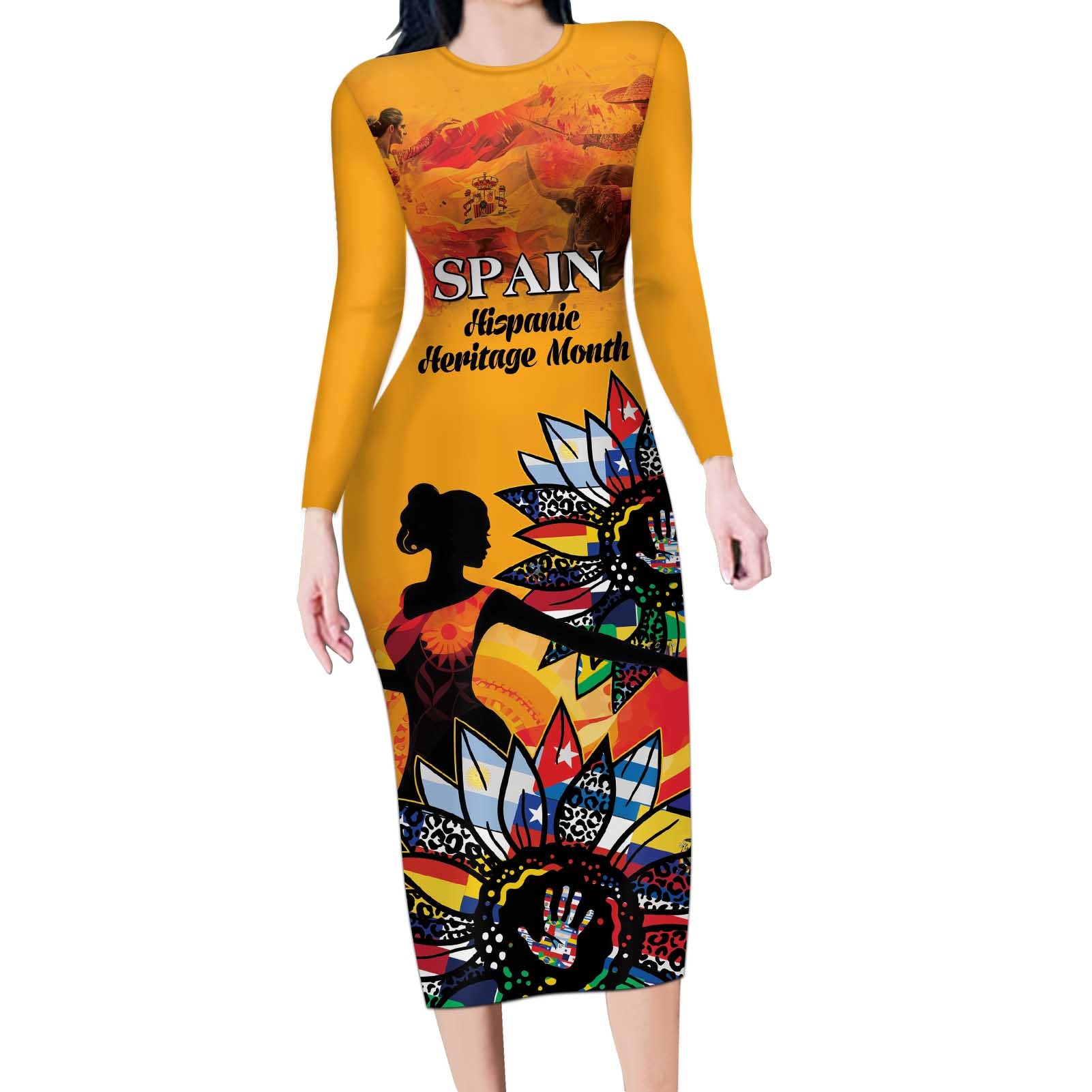 Spain Hispanic Heritage Personalized Long Sleeve Bodycon Dress - Wonder Print Shop