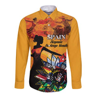 Gold long-sleeve button shirt with Spain graphic, bull, and colorful couple silhouette