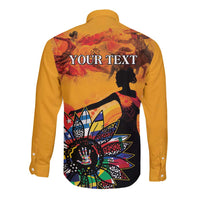 Gold long-sleeve button shirt back with 'YOUR TEXT' and colorful floral silhouette