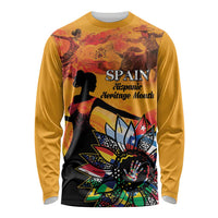 Gold long-sleeve graphic T-shirt with Spain Hispanic Heritage Month text and silhouette