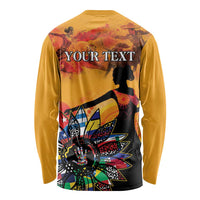 Gold long-sleeve T-shirt back with YOUR TEXT and colorful heritage flower graphic