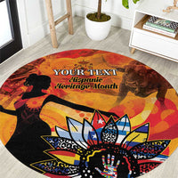 Personalized round carpet with “YOUR TEXT” and Hispanic heritage graphic silhouettes