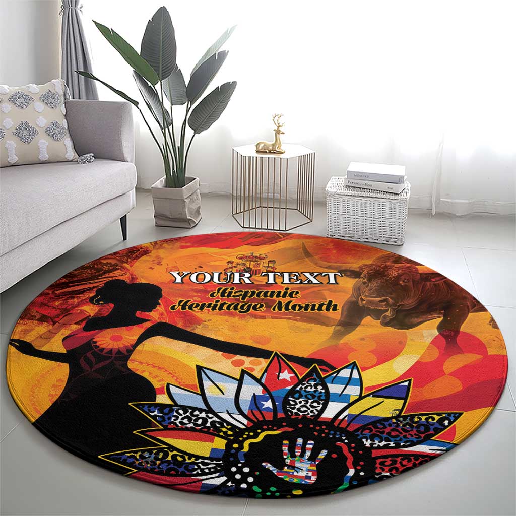 Personalized round carpet with colorful Hispanic heritage design and “YOUR TEXT” text