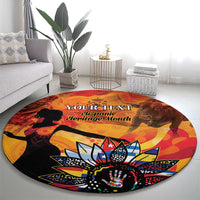 Personalized round carpet with colorful Hispanic heritage design and “YOUR TEXT” text
