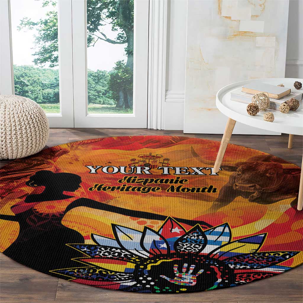 Personalized round carpet showing “YOUR TEXT” and Hispanic heritage artwork in center