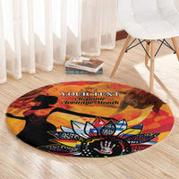 Personalized round carpet with “YOUR TEXT” and Hispanic heritage scene graphic