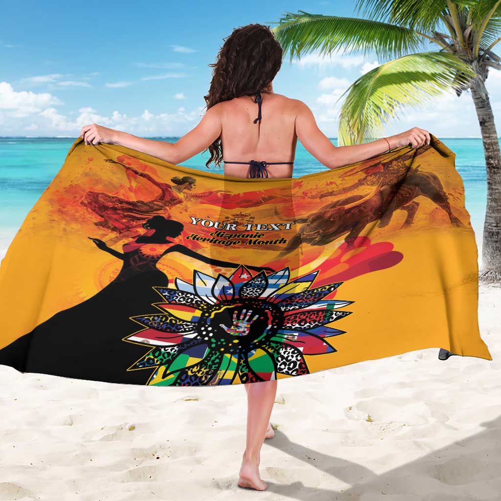 Gold personalized sarong with multicolor sun design and custom text, worn draped