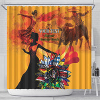 Gold shower curtain with colorful bull and dancer scenes, floral sun motif, and 'YOUR TEXT'.