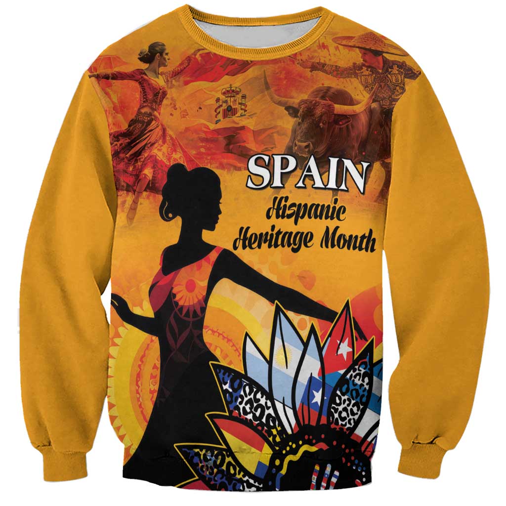 Gold crewneck sweatshirt with Spain-themed silhouette and colorful heritage graphic