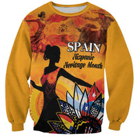 Gold crewneck sweatshirt with Spain-themed silhouette and colorful heritage graphic