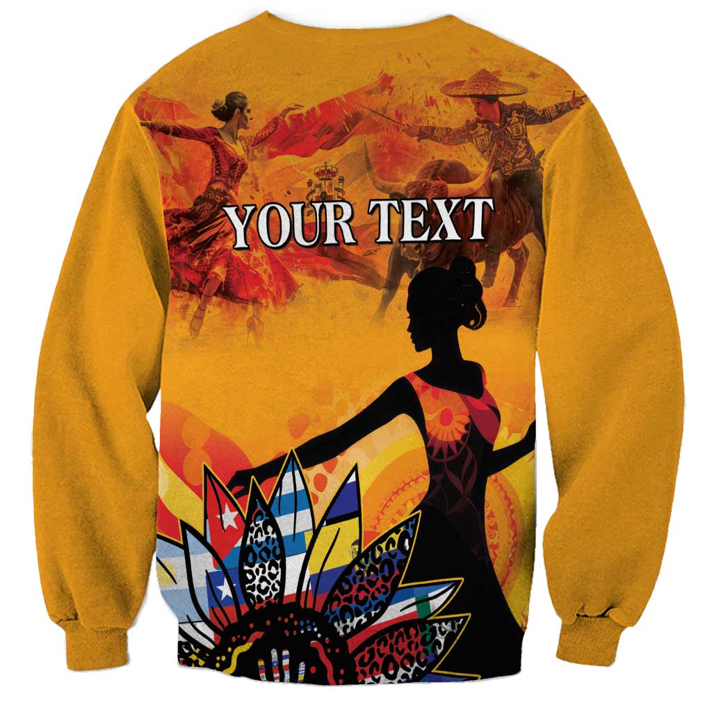 Gold crewneck sweatshirt with 'YOUR TEXT' back graphic and female silhouette
