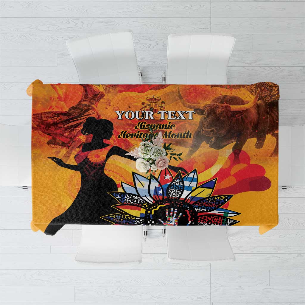 Personalized rectangular tablecloth in gold with colorful Hispanic-themed printed artwork