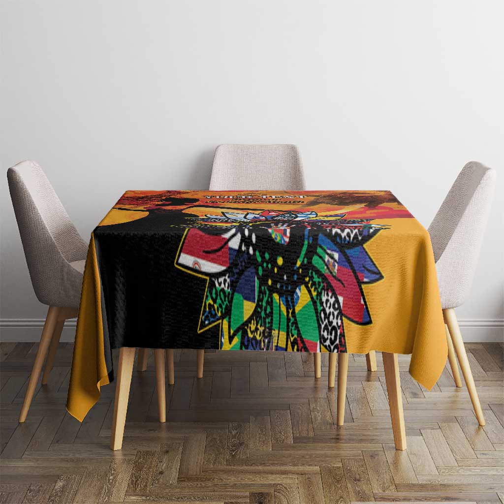 Gold personalized tablecloth with central colorful illustrated graphic