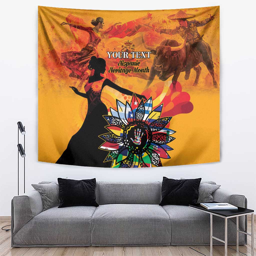 Personalized gold tapestry wall hanging with colorful heritage figures and central flower design