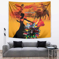 Personalized gold tapestry wall hanging with colorful heritage figures and central flower design