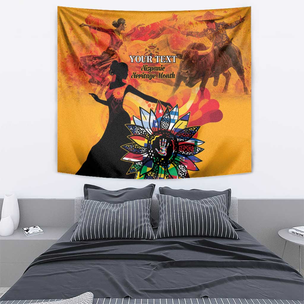Personalized gold tapestry wall hanging with colorful mandala artwork and heritage text