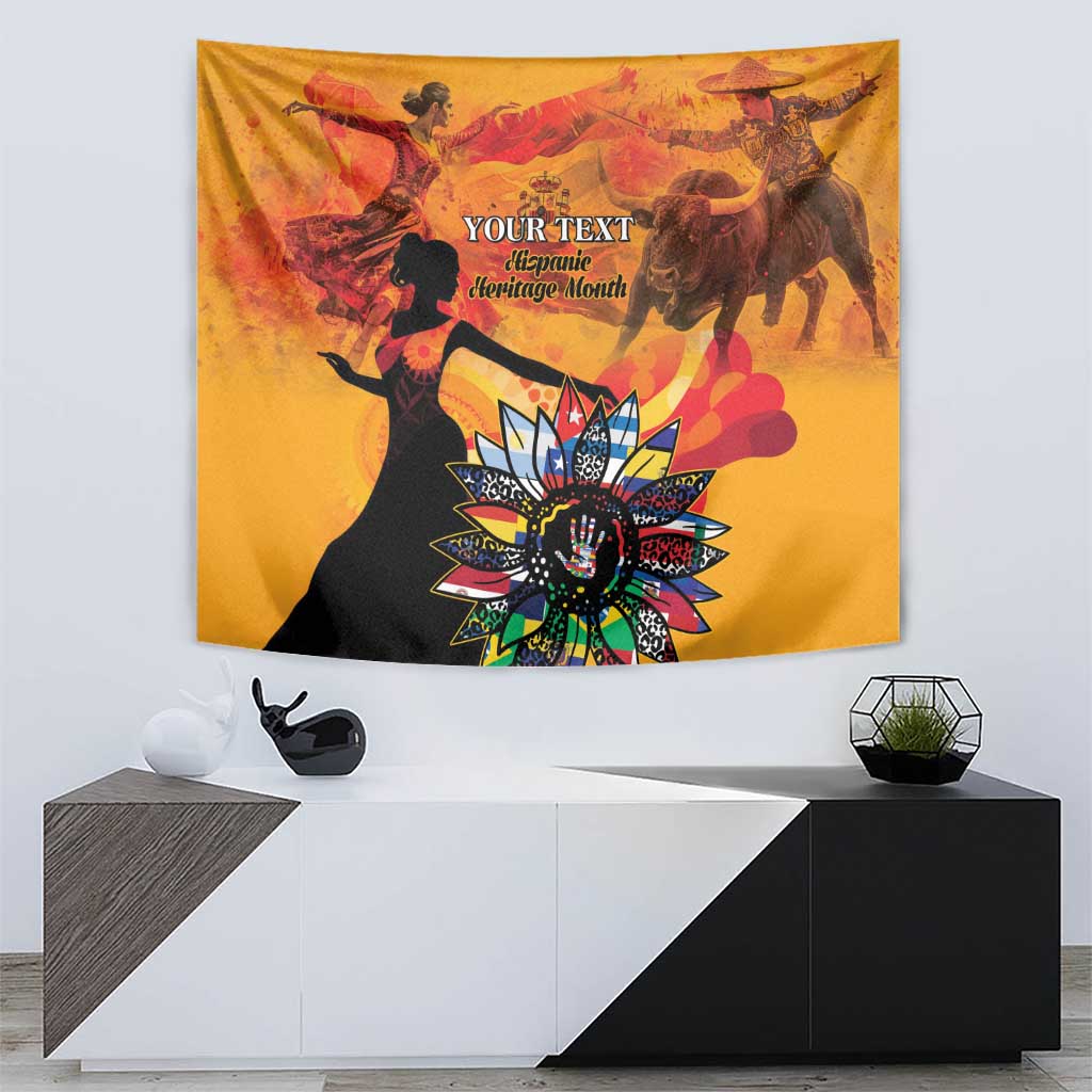 Personalized gold tapestry wall hanging with colorful heritage figures and central flower pattern