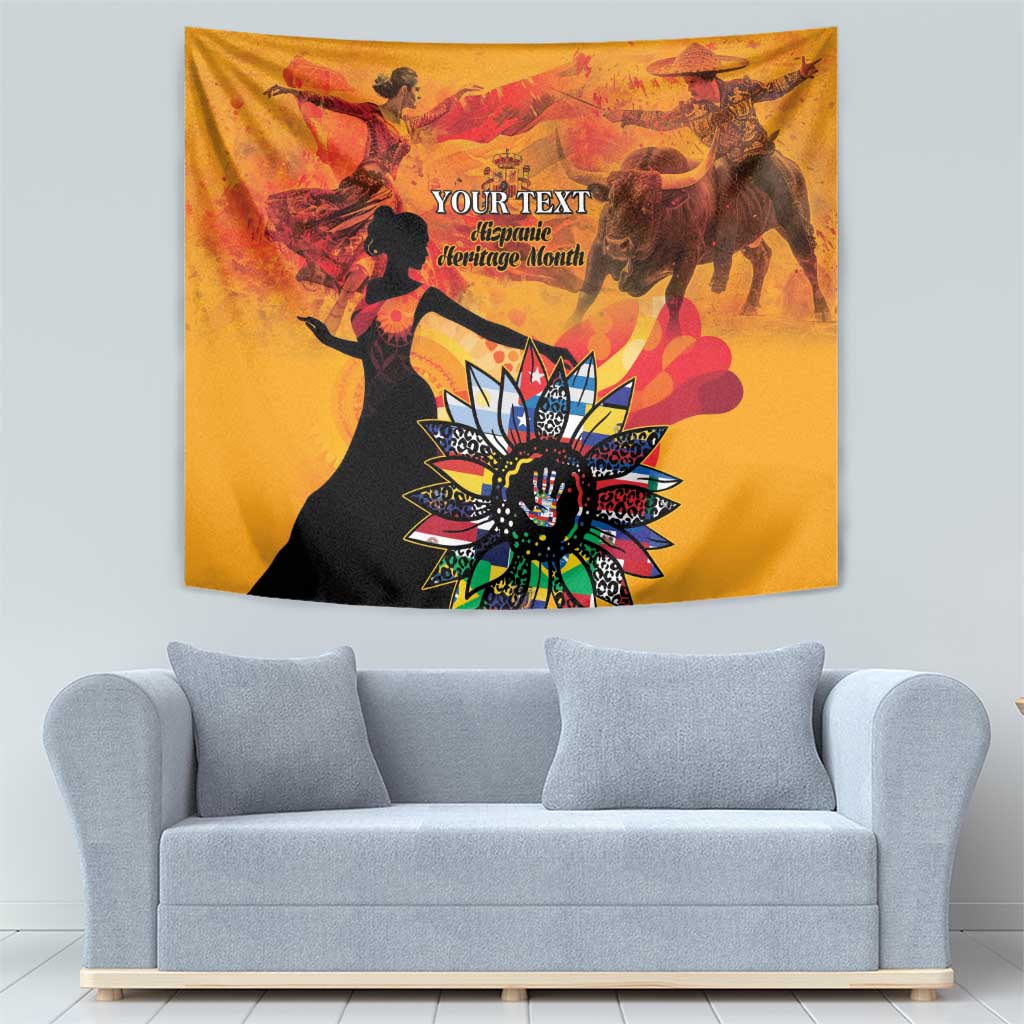 Personalized gold tapestry wall hanging with colorful figures, flower motif, and “Your Text”