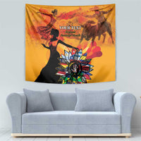 Personalized gold tapestry wall hanging with colorful figures, flower motif, and “Your Text”