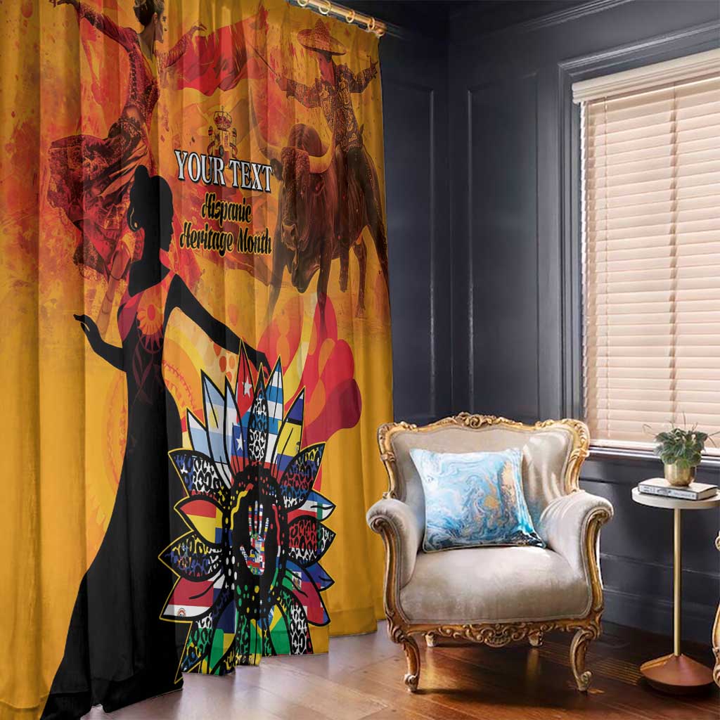 Gold personalized window curtain set with dark silhouette and colorful floral fan print.