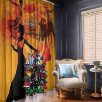 Gold personalized window curtain set with dark silhouette and colorful floral fan print.