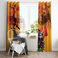 Gold curtains with top hooks, featuring silhouette dancer print and colorful floral emblem.