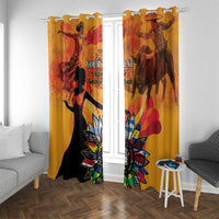 Gold window curtain panels with grommet-style top and silhouette dancer with floral fan design.