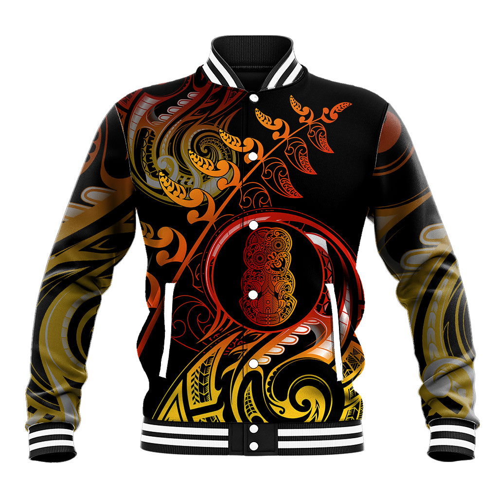 Unisex black baseball jacket with ornate red, gold, and olive artwork on front