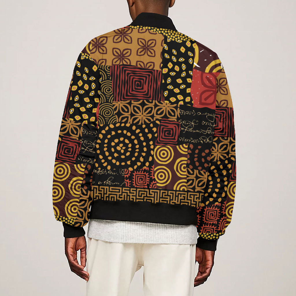 African American Quilt Inspired Bomber Jacket Earth Tone African Patchwork Motif