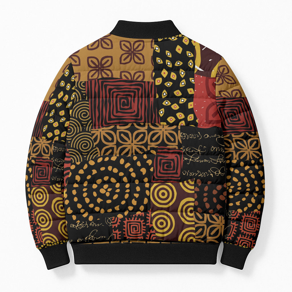 African American Quilt Inspired Bomber Puffer Jacket Earth Tone African Patchwork Motif