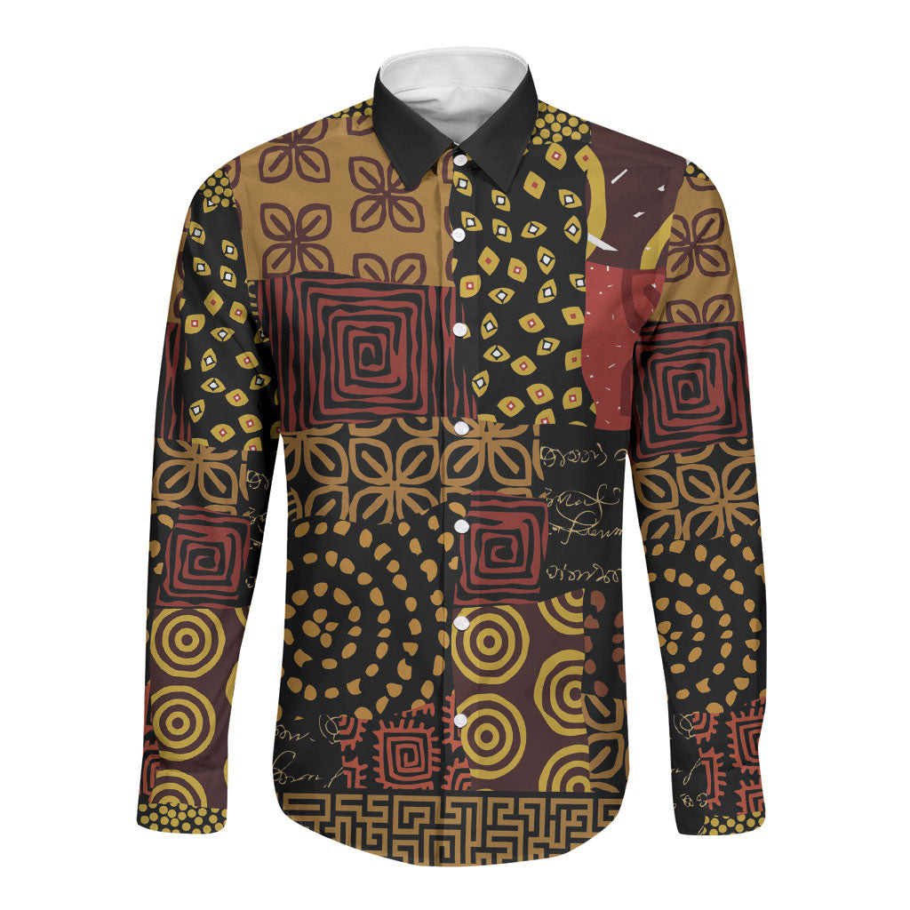 African American Quilt Inspired Long Sleeve Button Shirt Earth Tone African Patchwork Motif