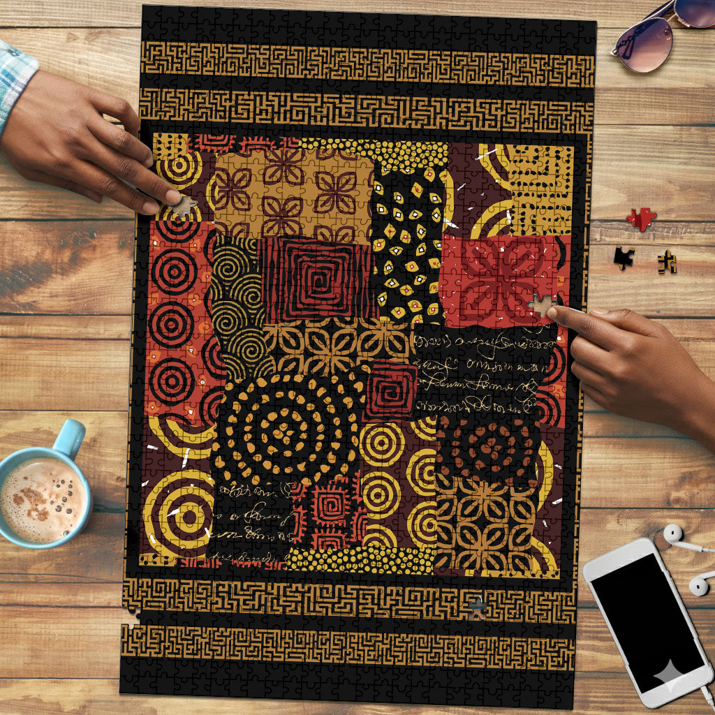 African American Quilt Inspired Puzzle Earth Tone African Patchwork Motif