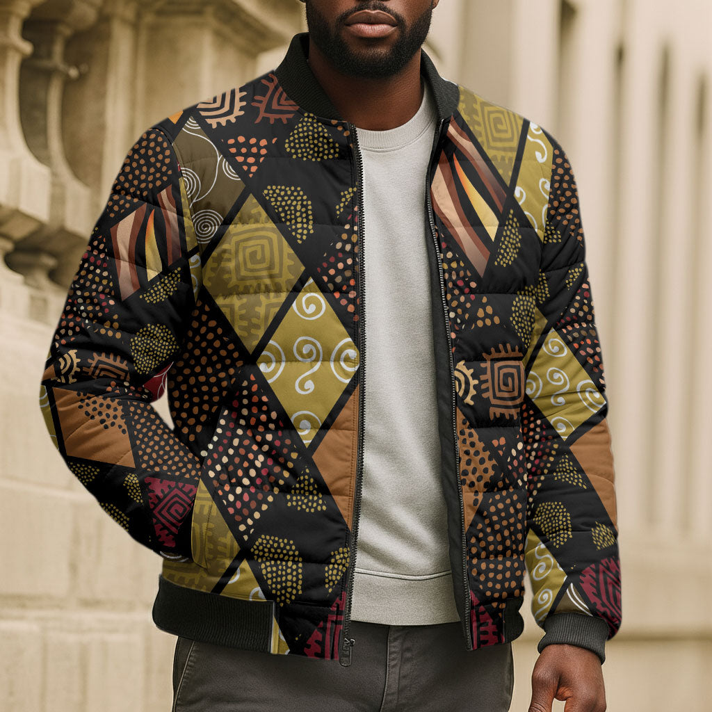 African American Quilt Inspired Bomber Puffer Jacket Ethnic Bohemian Rhombus Patchwork